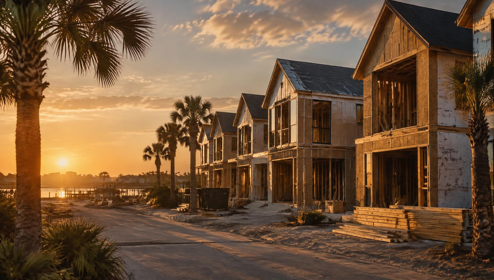 New homes under construction at sunset in coastal Florida